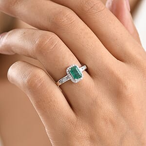 D'Joy Premium Kagem Zambian Emerald and Moissanite 1.35 ctw Regal Geometry Ring in Rhodium Over Sterling Silver (Size 10.0)