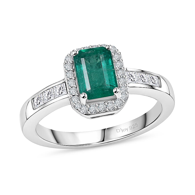 D'Joy Premium Kagem Zambian Emerald and Moissanite 1.35 ctw Regal Geometry Ring in Rhodium Over Sterling Silver (Size 6.0)