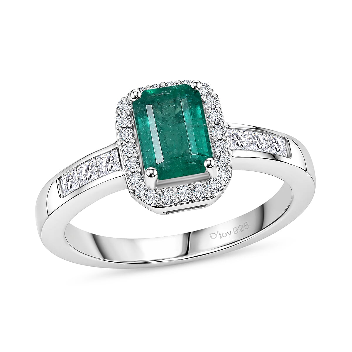 D'Joy Premium Kagem Zambian Emerald, Moissanite Ring in Rhodium Over Sterling Silver (Size 10.0) 1.35 ctw