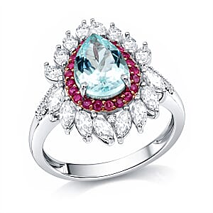 D'Joy Premium Mangoro Aquamarine and Multi Gemstone 3.00 ctw The Royal Bloom Ring in Rhodium Over Sterling Silver (Size 10.0) (Del. In 10-12 Days)
