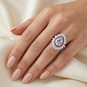 D'Joy Premium Mangoro Aquamarine and Multi Gemstone 3.00 ctw The Royal Bloom Ring in Rhodium Over Sterling Silver (Size 10.0) (Del. In 10-12 Days)