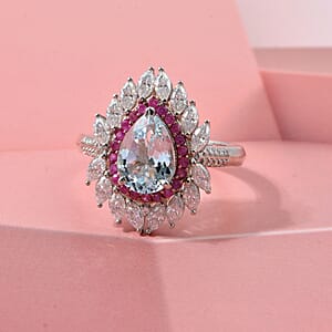 D'Joy Premium Mangoro Aquamarine and Multi Gemstone 3.00 ctw The Royal Bloom Ring in Rhodium Over Sterling Silver (Size 6.0)