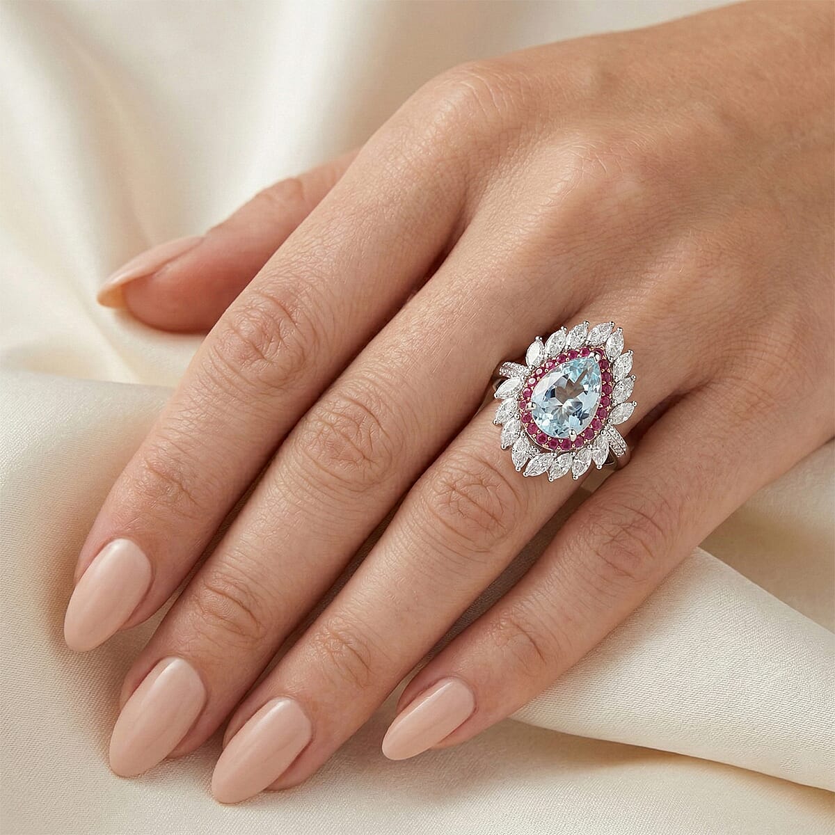 D'Joy Premium Mangoro Aquamarine and Multi Gemstone 3.00 ctw The Royal Bloom Ring in Rhodium Over Sterling Silver (Size 6.0) image number 2