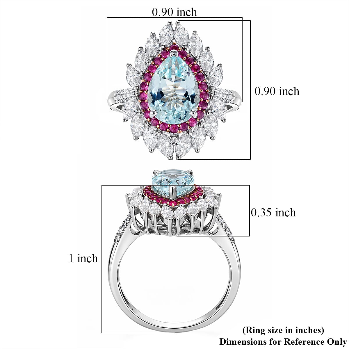 D'Joy Premium Mangoro Aquamarine and Multi Gemstone 3.00 ctw The Royal Bloom Ring in Rhodium Over Sterling Silver (Size 6.0) image number 5