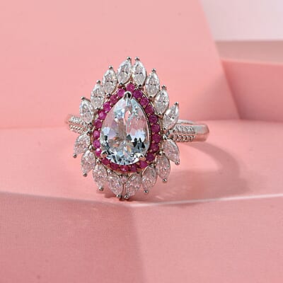 D'Joy Premium Mangoro Aquamarine and Multi Gemstone 3.00 ctw The Royal Bloom Ring in Rhodium Over Sterling Silver (Size 7.0)