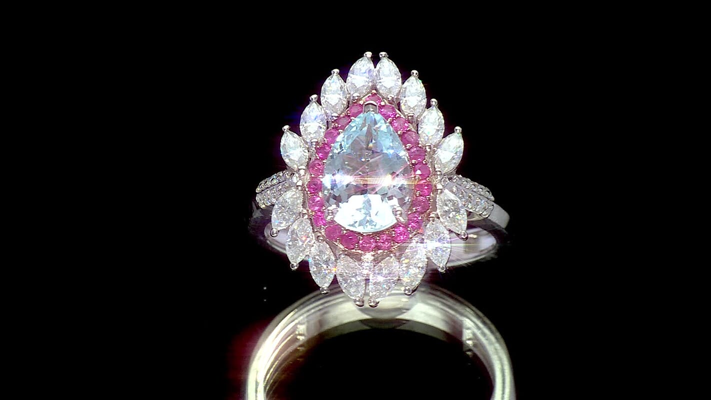D'Joy Premium Mangoro Aquamarine, Multi Gemstone The Royal Bloom Ring in Rhodium Over Sterling Silver (Size 10.0) 3.00 ctw