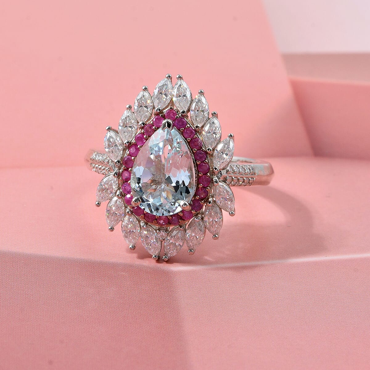 D'Joy Premium Mangoro Aquamarine and Multi Gemstone 3.00 ctw The Royal Bloom Ring in Rhodium Over Sterling Silver (Size 9.0) image number 1