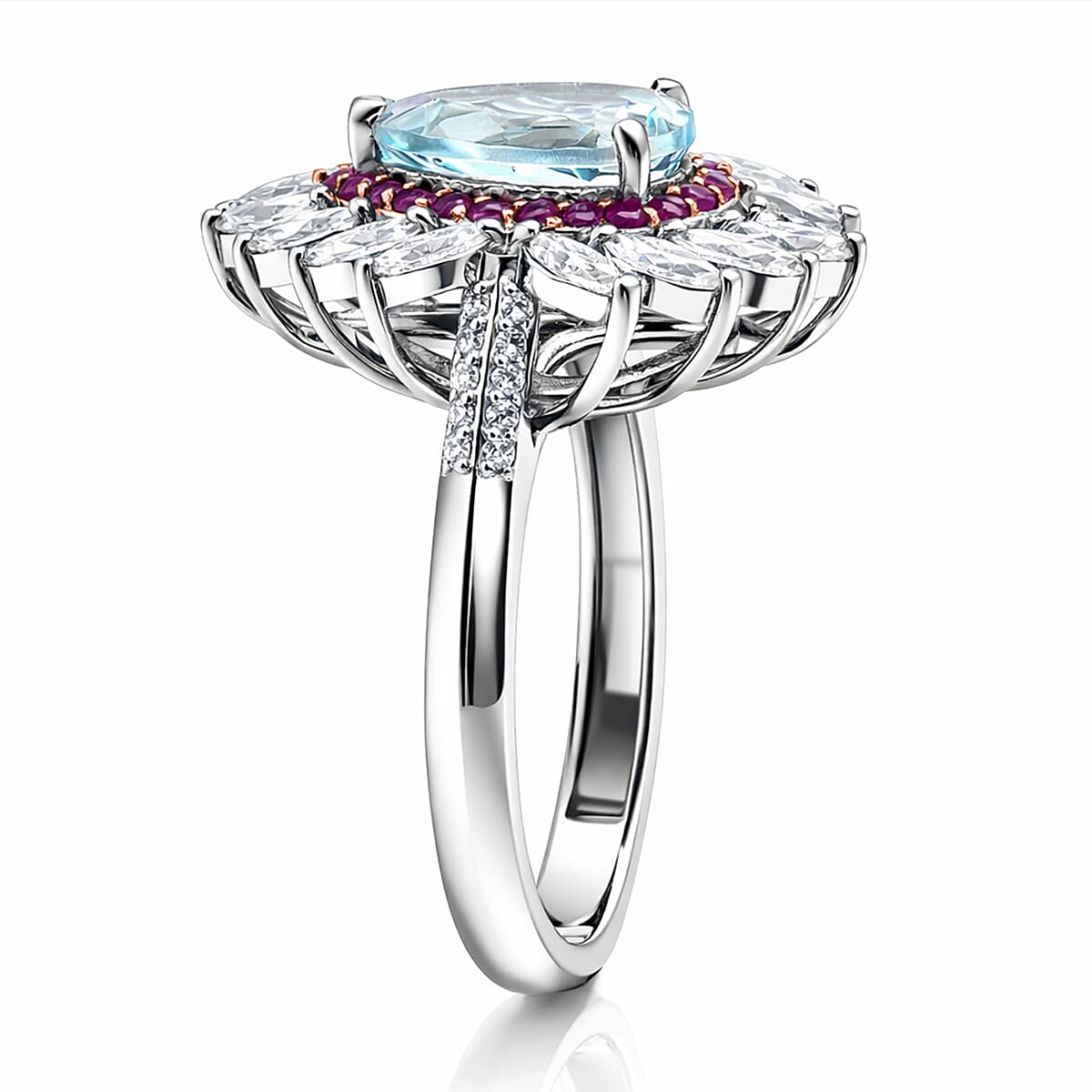 D'Joy Premium Mangoro Aquamarine and Multi Gemstone 3.00 ctw The Royal Bloom Ring in Rhodium Over Sterling Silver (Size 9.0) image number 3