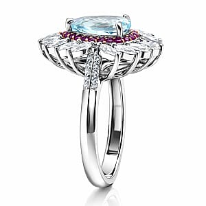 D'Joy Premium Mangoro Aquamarine and Multi Gemstone 3.00 ctw The Royal Bloom Ring in Rhodium Over Sterling Silver (Size 9.0)