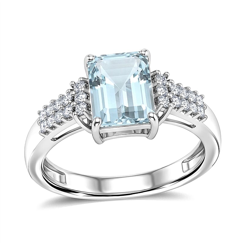 D'Joy Premium Mangoro Aquamarine and Moissanite 2.30 ctw The Crown Matrix Ring in Rhodium Over Sterling Silver (Size 10.0)