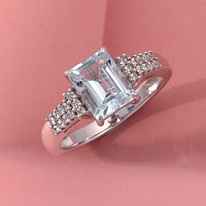 D'Joy Premium Mangoro Aquamarine and Moissanite 2.30 ctw The Crown Matrix Ring in Rhodium Over Sterling Silver (Size 10.0) (Del. In 10-12 Days)