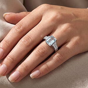 D'Joy Premium Mangoro Aquamarine and Moissanite 2.30 ctw The Crown Matrix Ring in Rhodium Over Sterling Silver (Size 10.0) (Del. In 10-12 Days)