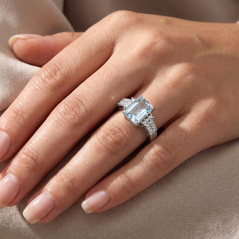 D'Joy Premium Mangoro Aquamarine and Moissanite 2.30 ctw The Crown Matrix Ring in Rhodium Over Sterling Silver (Size 10.0)