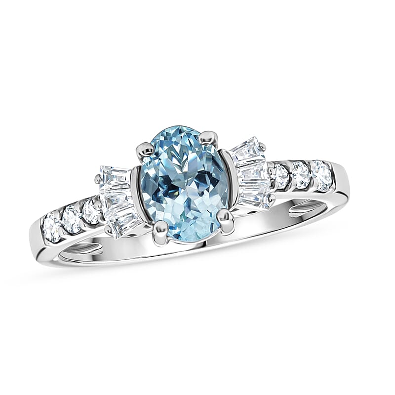 D'Joy Premium Mangoro Aquamarine and Moissanite 1.00 ctw The Regal Flare Ring in Rhodium Over Sterling Silver (Size 5.0)