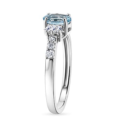 D'Joy Premium Mangoro Aquamarine and Moissanite 1.00 ctw The Regal Flare Ring in Rhodium Over Sterling Silver (Size 5.0)