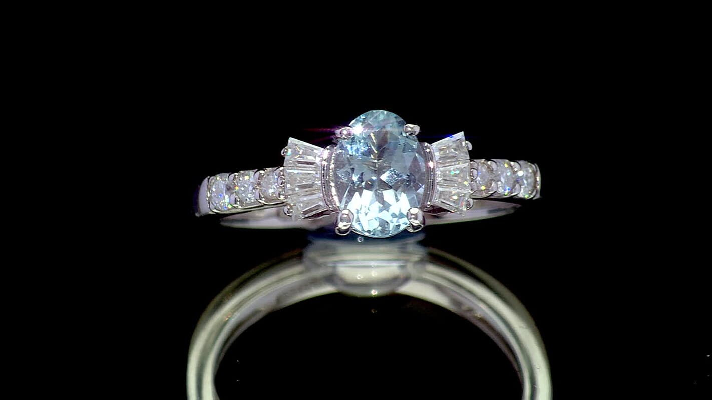 D'Joy Premium Mangoro Aquamarine, Moissanite Ring in Rhodium Over Sterling Silver (Size 10.0) 1.00 ctw