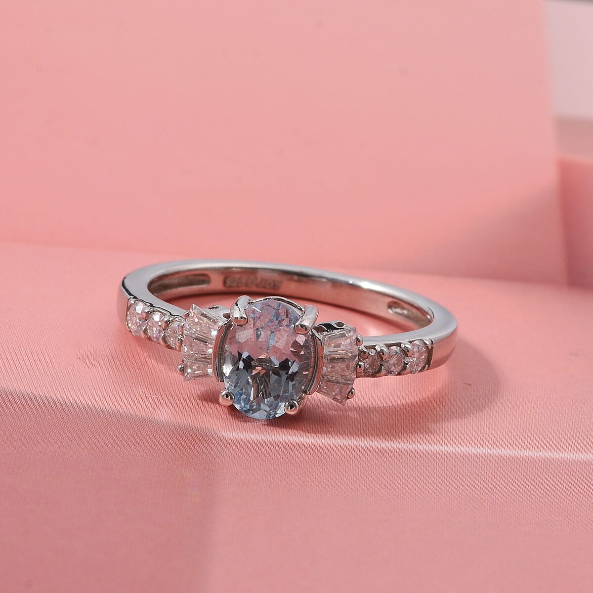 D'Joy Premium Mangoro Aquamarine and Moissanite 1.00 ctw The Regal Flare Ring in Rhodium Over Sterling Silver (Size 9.0) image number 2