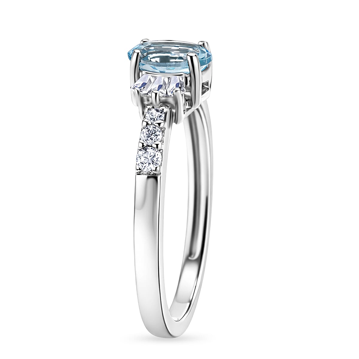 D'Joy Premium Mangoro Aquamarine and Moissanite 1.00 ctw The Regal Flare Ring in Rhodium Over Sterling Silver (Size 9.0) image number 3