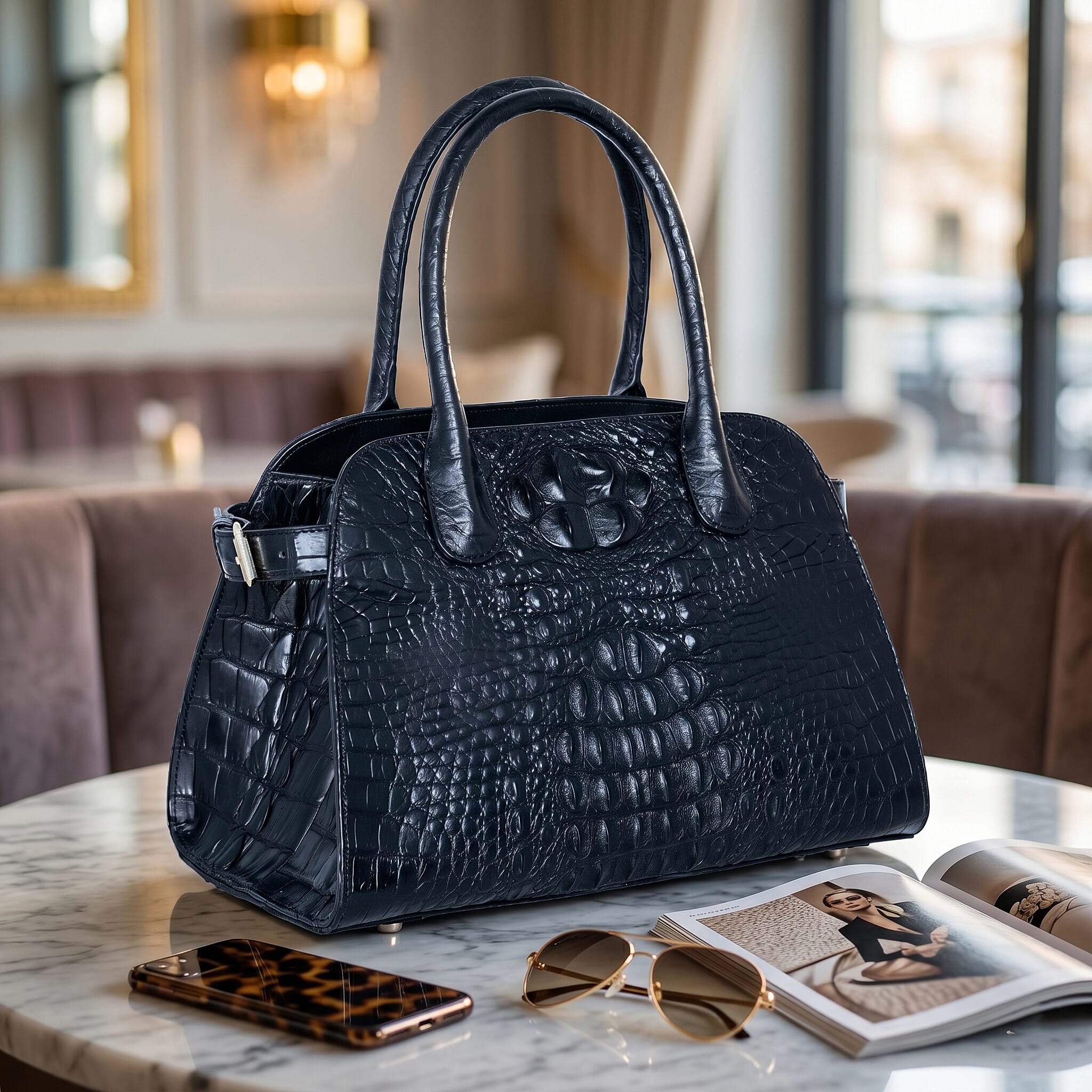 The Grand Pelle Black Crocodile Genuine Leather Bowler Bag