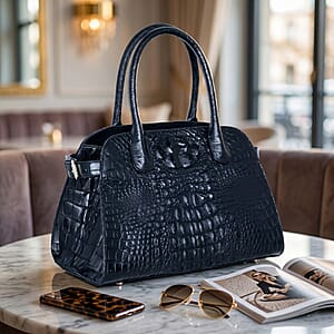 The Grand Pelle Black Crocodile Genuine Leather Bowler Bag
