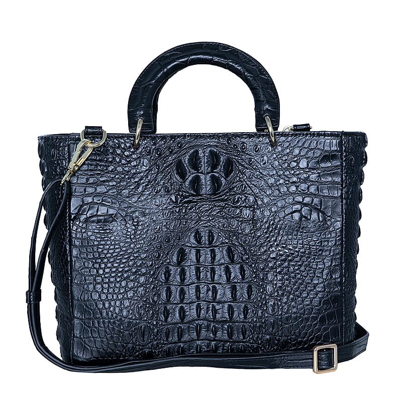 The Grand Pelle Black Crocodile Genuine Leather Tote Bag