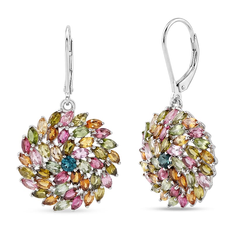 D'Joy Premium Multi-Tourmaline 7.70 ctw Color Burst Bloom Earrings in Rhodium Over Sterling Silver