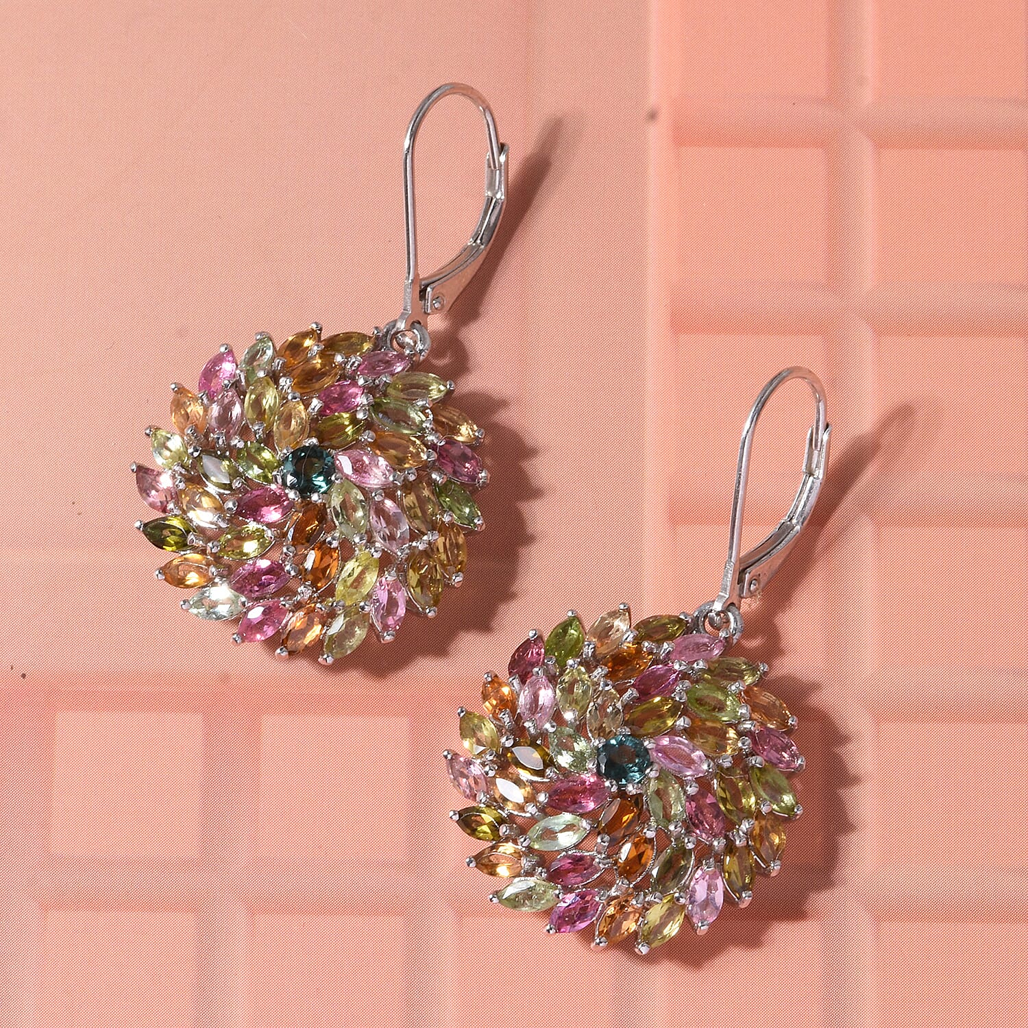 D'Joy Premium Multi-Tourmaline 7.70 ctw Color Burst Bloom Earrings in Rhodium Over Sterling Silver
