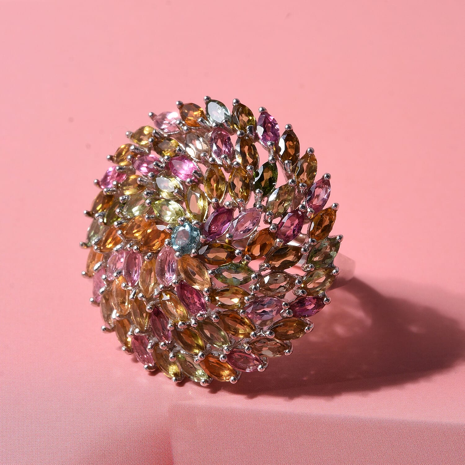D'Joy Premium Multi-Tourmaline 6.30 ctw Color Burst Bloom Ring in Rhodium Over Sterling Silver