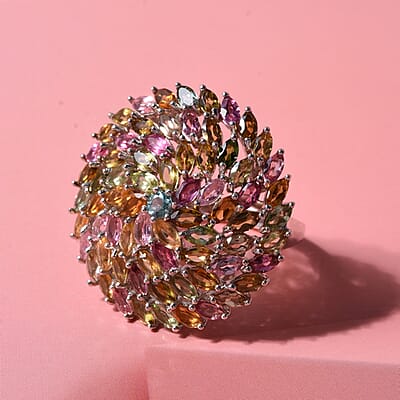 D'Joy Premium Multi-Tourmaline 6.30 ctw Color Burst Bloom Ring in Rhodium Over Sterling Silver (Size 9.0)