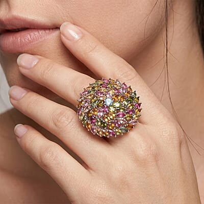 D'Joy Premium Multi-Tourmaline 6.30 ctw Color Burst Bloom Ring in Rhodium Over Sterling Silver (Size 9.0)