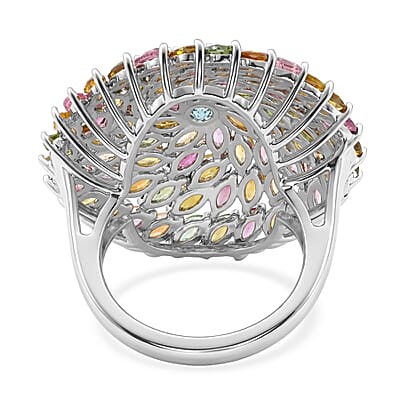 D'Joy Premium Multi-Tourmaline 6.30 ctw Color Burst Bloom Ring in Rhodium Over Sterling Silver (Size 9.0)