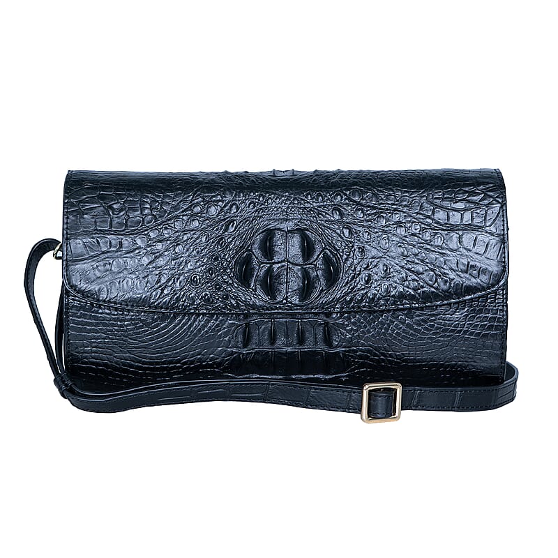 The Grand Pelle Black Crocodile Genuine Leather Crossbody Clutch Bag