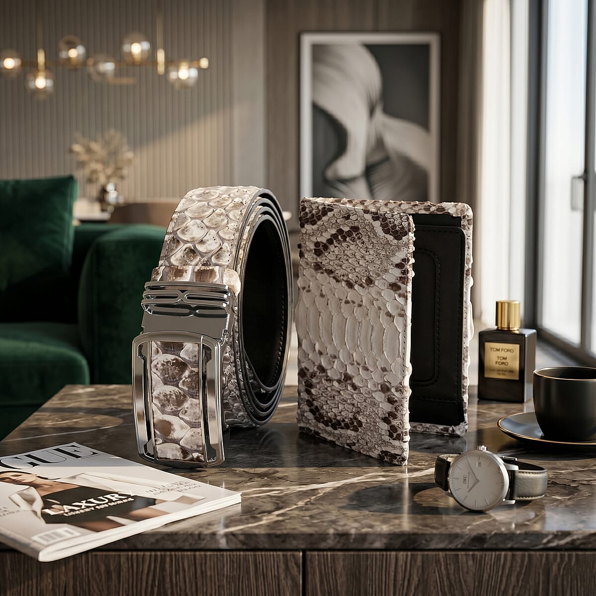 Closeout The Grand Pelle Natural Genuine Python Leather Slide Buckle Belt (51 Inch- L/XL) and Wallet image number 1