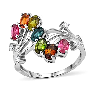 D'Joy Premium Multi-Tourmaline and White Zircon 2.00 ctw Flow of Life Ring in Rhodium Over Sterling Silver (Size 10.0) (Del. In 10-12 Days)