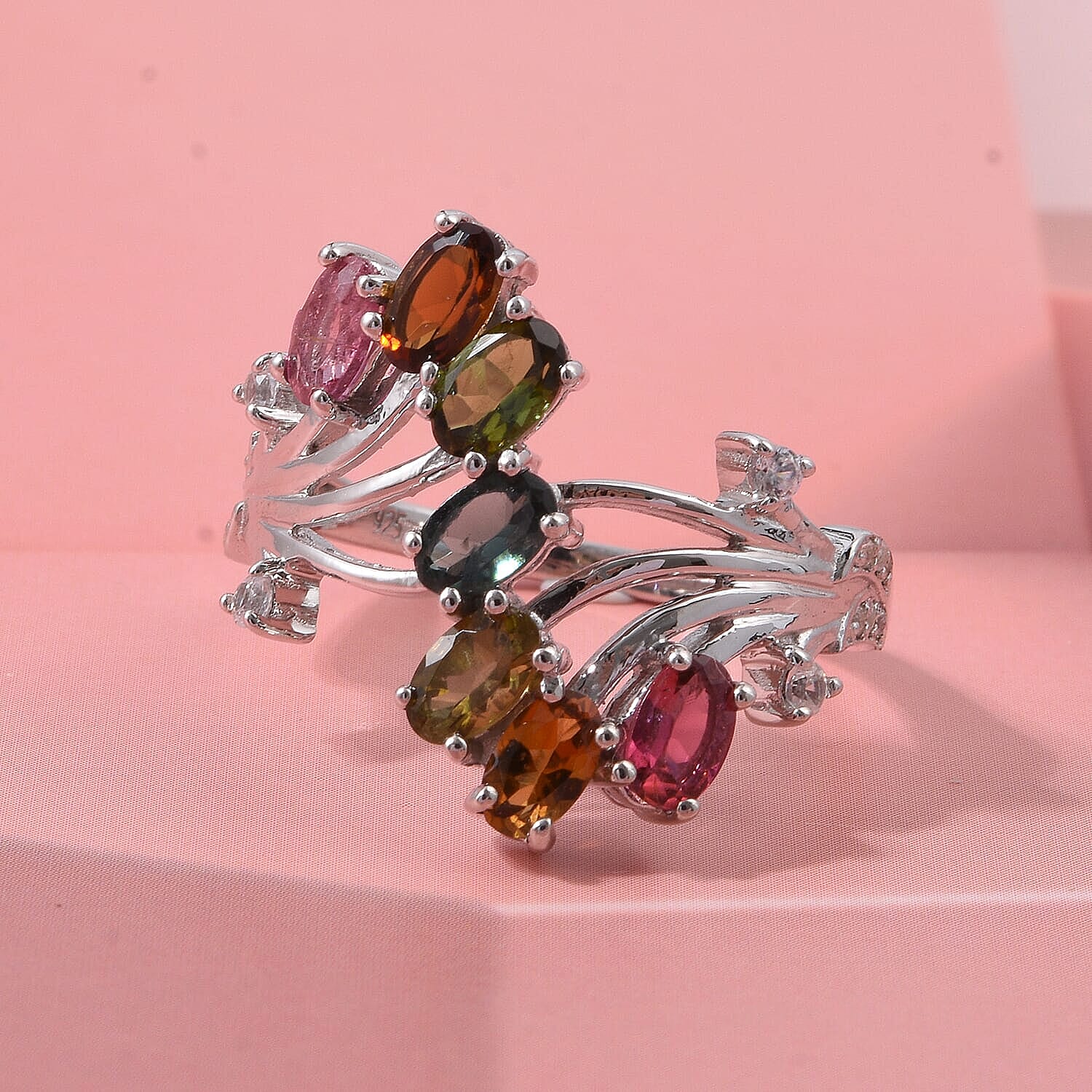 D'Joy Premium Multi-Tourmaline and White Zircon 1.80 ctw Flow of Life Ring in Rhodium Over Sterling Silver (Size 10.0)