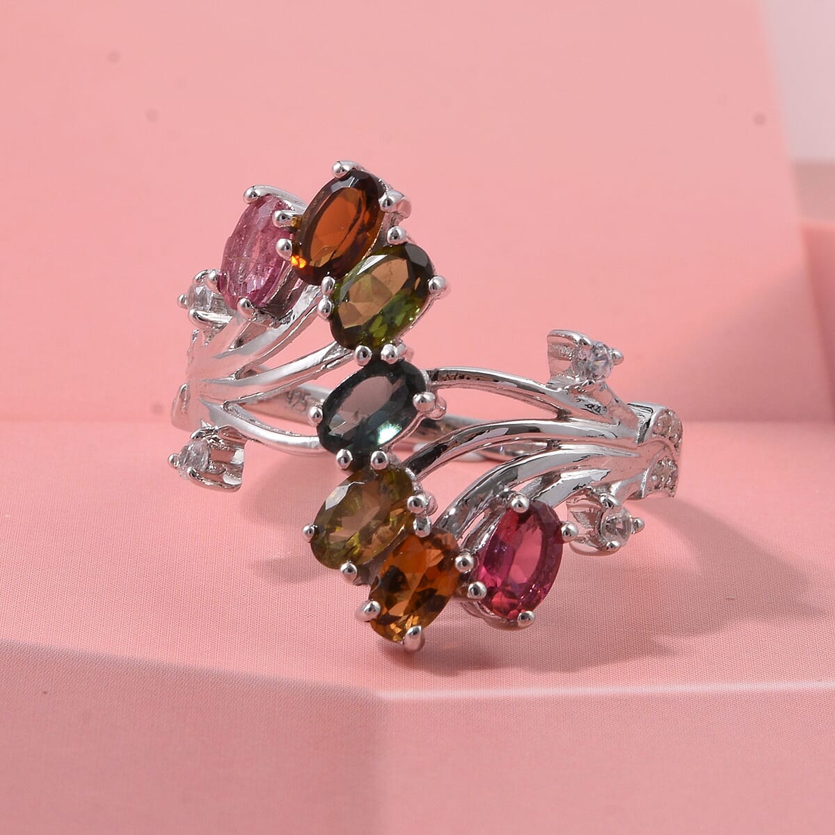 D'Joy Premium Multi-Tourmaline and White Zircon 2.00 ctw Flow of Life Ring in Rhodium Over Sterling Silver (Size 10.0) (Del. In 10-12 Days) image number 1