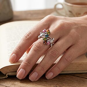 D'Joy Premium Multi-Tourmaline and White Zircon 2.00 ctw Flow of Life Ring in Rhodium Over Sterling Silver (Size 6.0) (Del. In 10-12 Days)