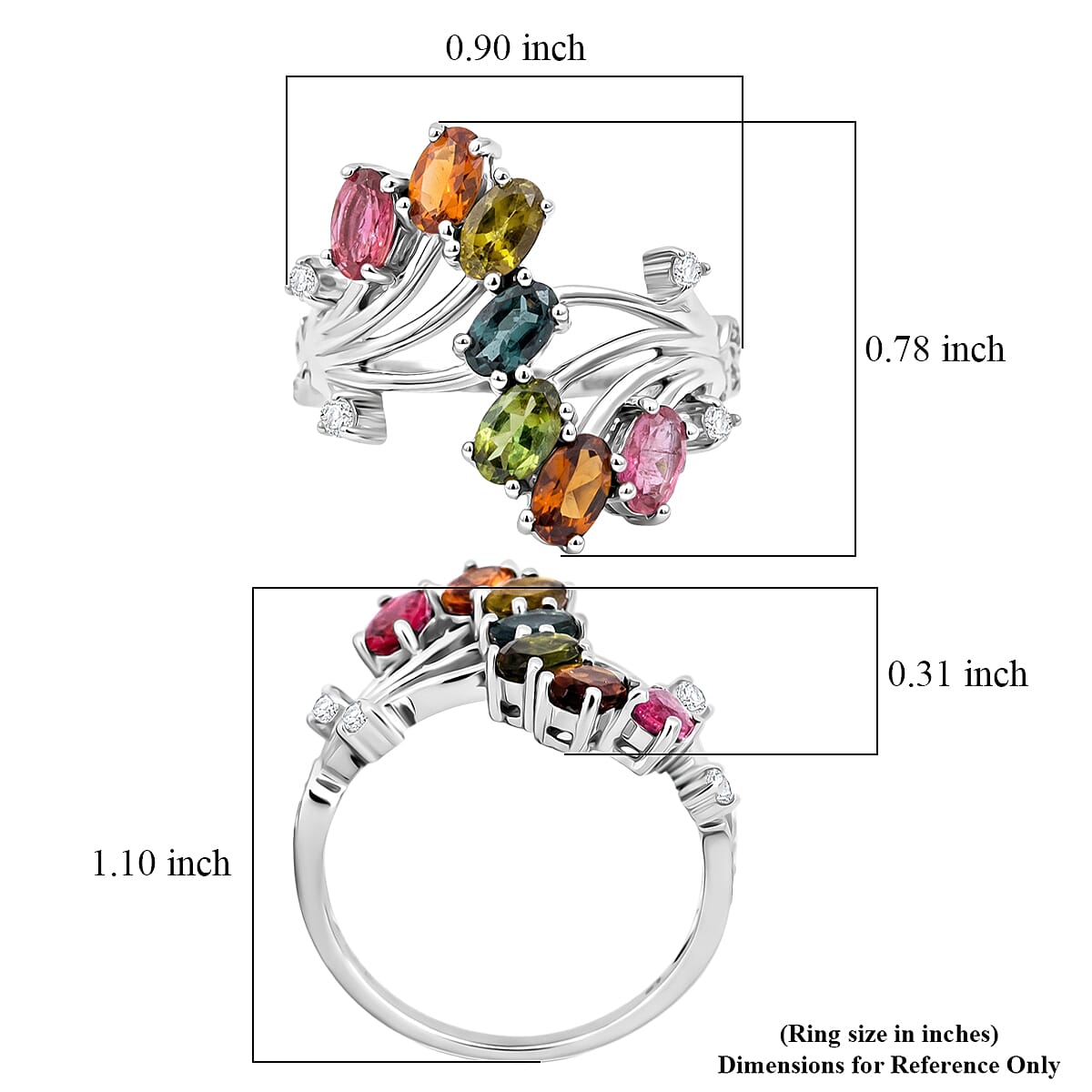 D'Joy Premium Multi-Tourmaline and White Zircon 2.00 ctw Flow of Life Ring in Rhodium Over Sterling Silver (Size 6.0) (Del. In 10-12 Days) image number 5