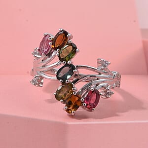 D'Joy Premium Multi-Tourmaline and White Zircon 2.00 ctw Flow of Life Ring in Rhodium Over Sterling Silver (Size 8.0) (Del. In 10-12 Days)