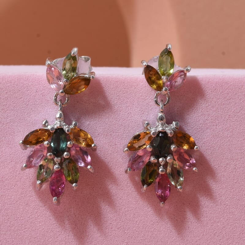 D'Joy Premium Multi-Tourmaline 2 ctw Earrings in Rhodium Over Sterling Silver