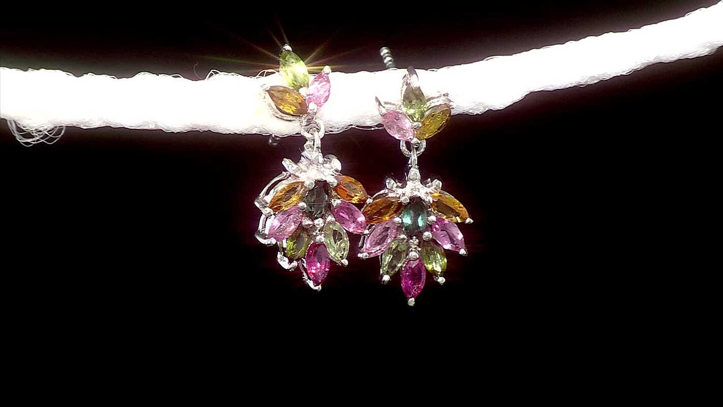 D'Joy Premium Multi-Tourmaline 2 ctw Earrings in Rhodium Over Sterling Silver