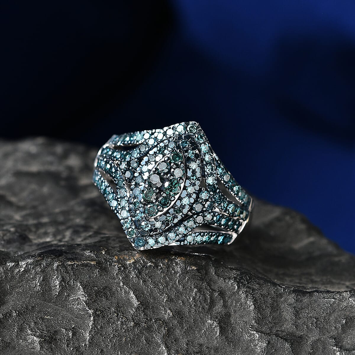 D'Joy Blue Diamond (IR) 1.00 ctw Crown of Sparkle Ring in Rhodium Over Sterling Silver (Size 6.0) (Del. in 8-10 Days) image number 1