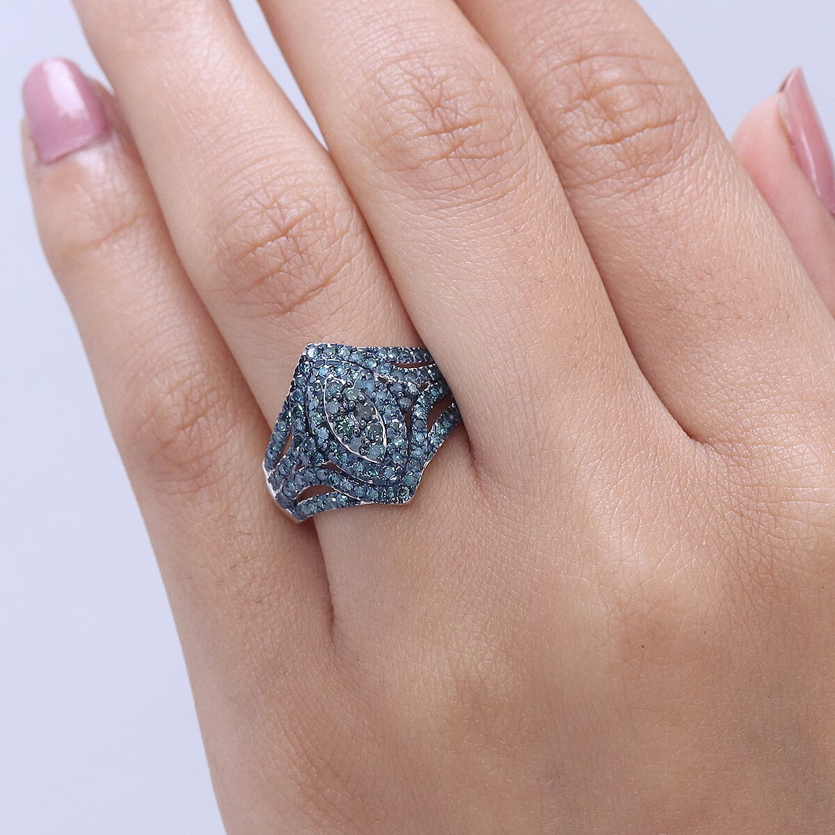 D'Joy Blue Diamond (IR) 1.00 ctw Crown of Sparkle Ring in Rhodium Over Sterling Silver (Size 6.0) (Del. in 8-10 Days) image number 2