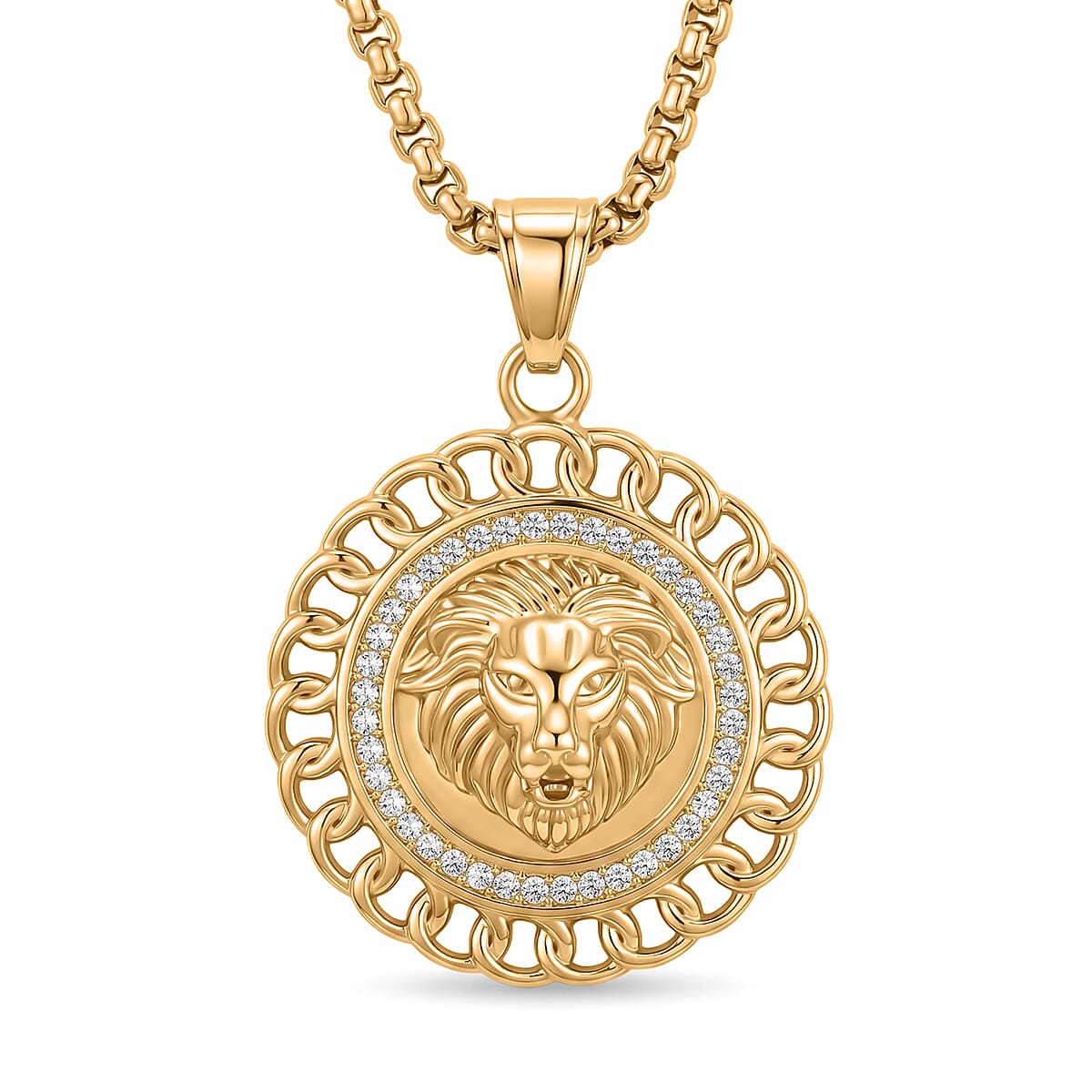Austrian Crystal Lion Head Necklace in ION Plated YG Stainless Steel (22 Inches)