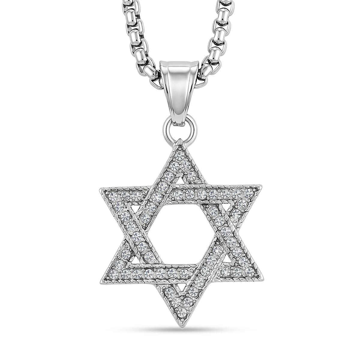 Austrian Crystal Studded Star of David Pendant Necklace (22 Inches) in Stainless Steel