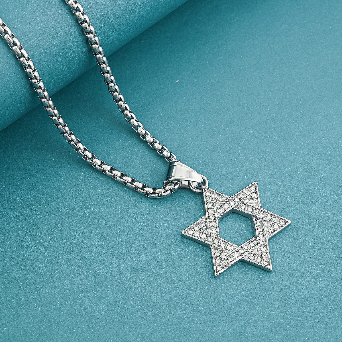 Austrian Crystal Studded Star of David Pendant Necklace (22 Inches) in Stainless Steel image number 1
