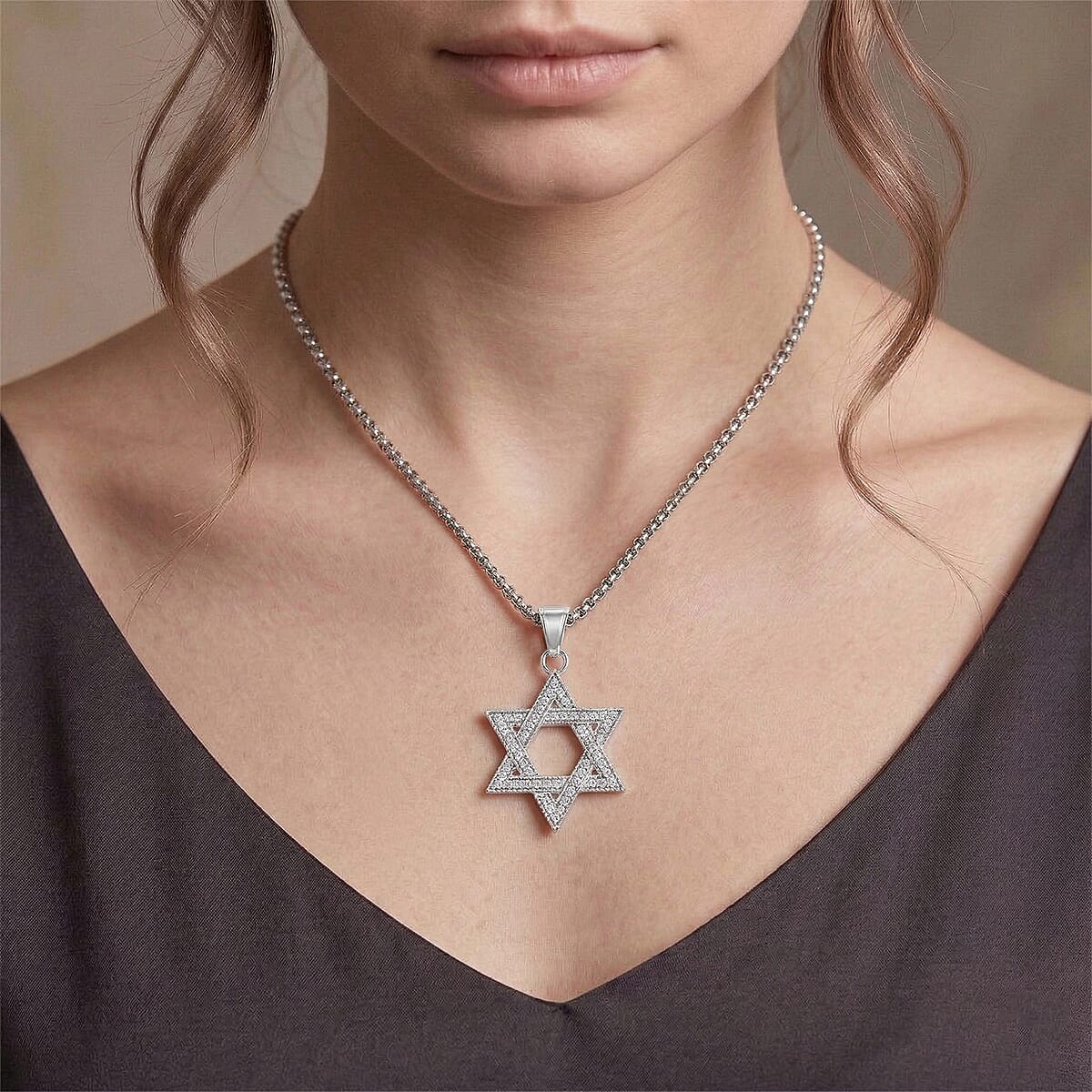 Austrian Crystal Studded Star of David Pendant Necklace (22 Inches) in Stainless Steel image number 2