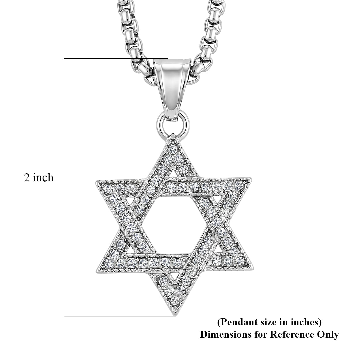 Austrian Crystal Studded Star of David Pendant Necklace (22 Inches) in Stainless Steel image number 4