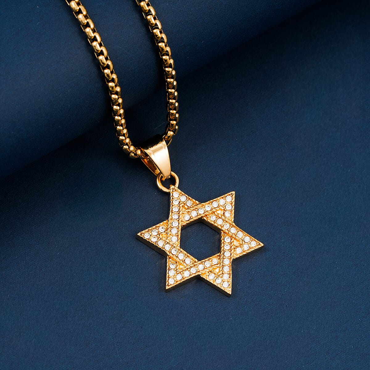 Austrian Crystal Studded Star of David Pendant Necklace (22 Inches) in ION Plated YG Stainless Steel image number 1