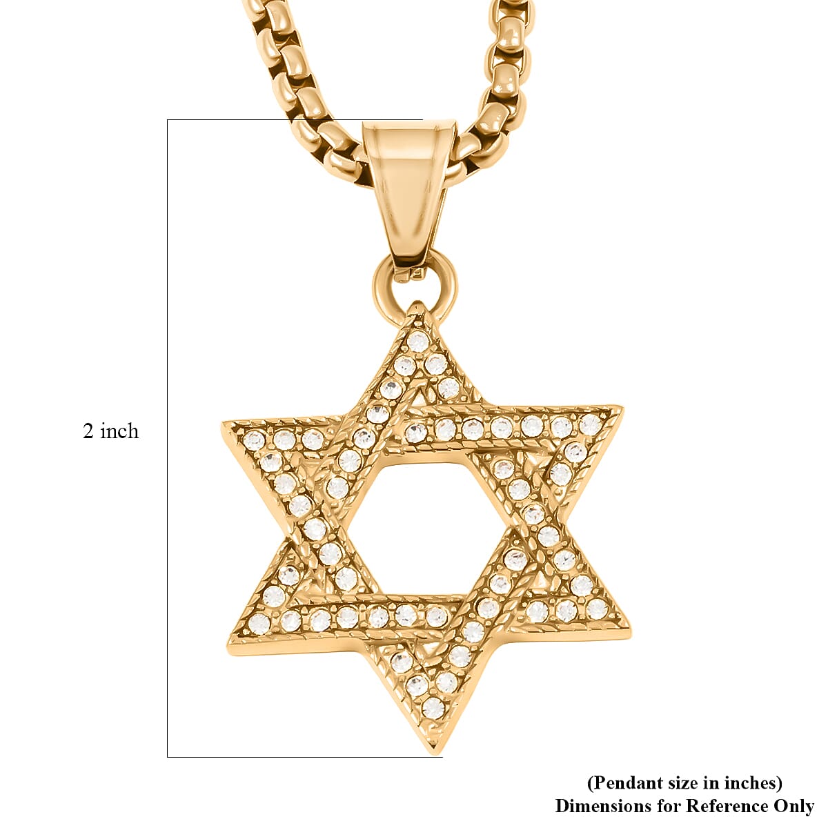 Austrian Crystal Studded Star of David Pendant Necklace (22 Inches) in ION Plated YG Stainless Steel image number 4